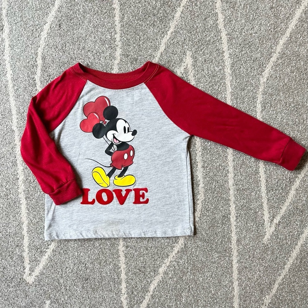 Disney Junior Gray and Red Mickey Mouse Baseball Style Shirt with Flocked Love